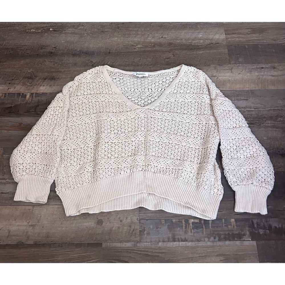 Freshman Cream Pointelle V-Neck Knit Sweater Relaxed Cropped Boho Top